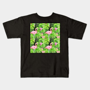 Tropical Pattern of Flamingos and Pink Flowers Kids T-Shirt